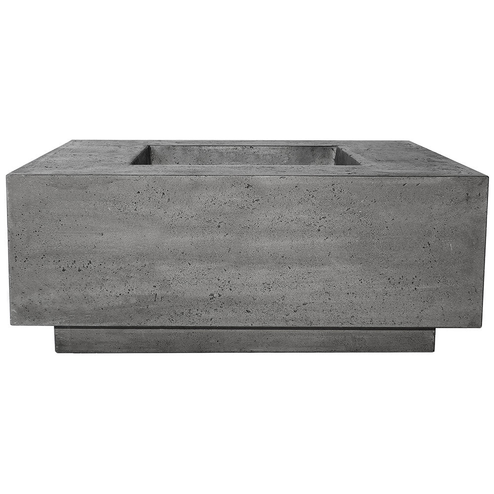 Concrete gas fire pit with square burner opening and dark gray base, recessed top