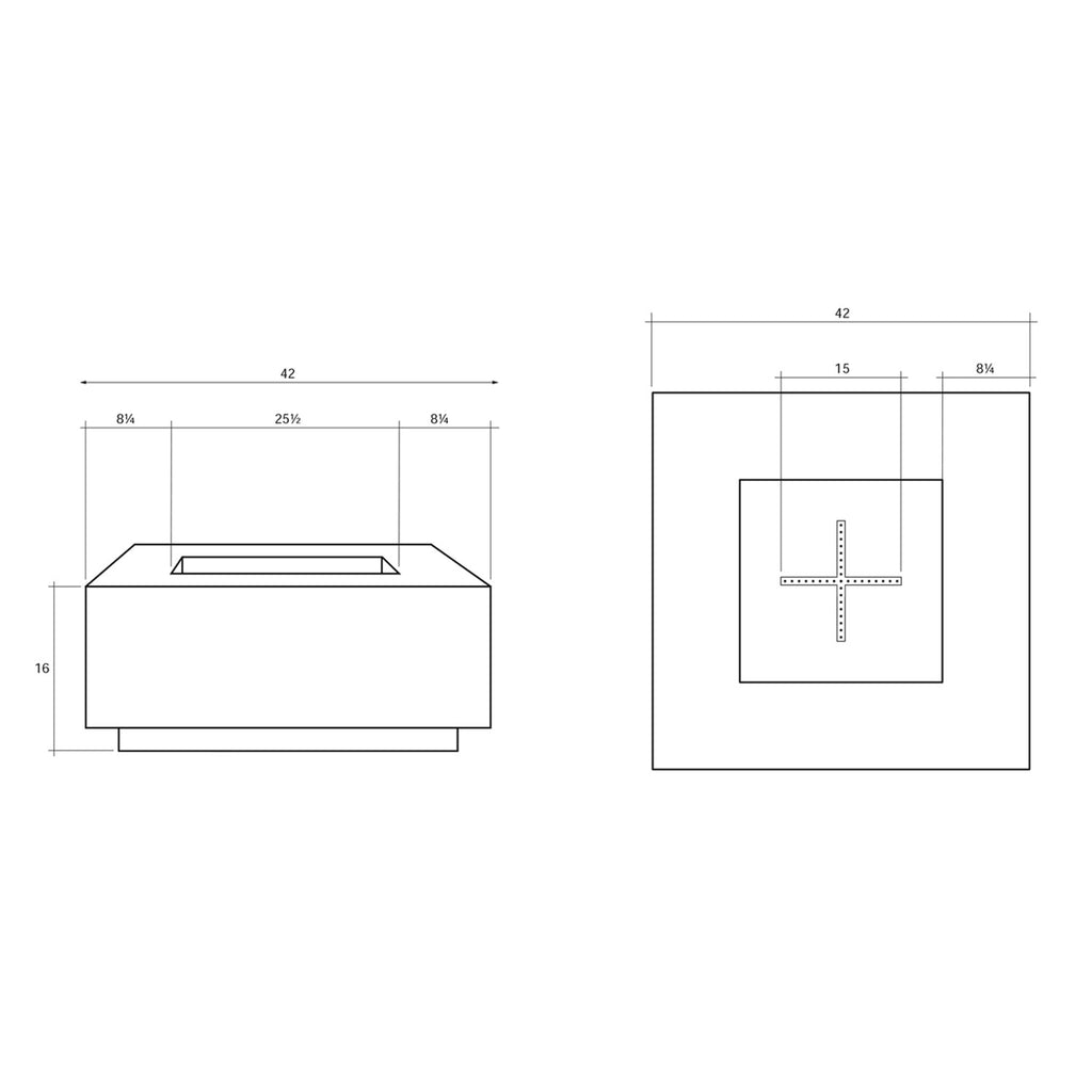 Technical diagram of square concrete gas fire pit dimensions with burner cutout