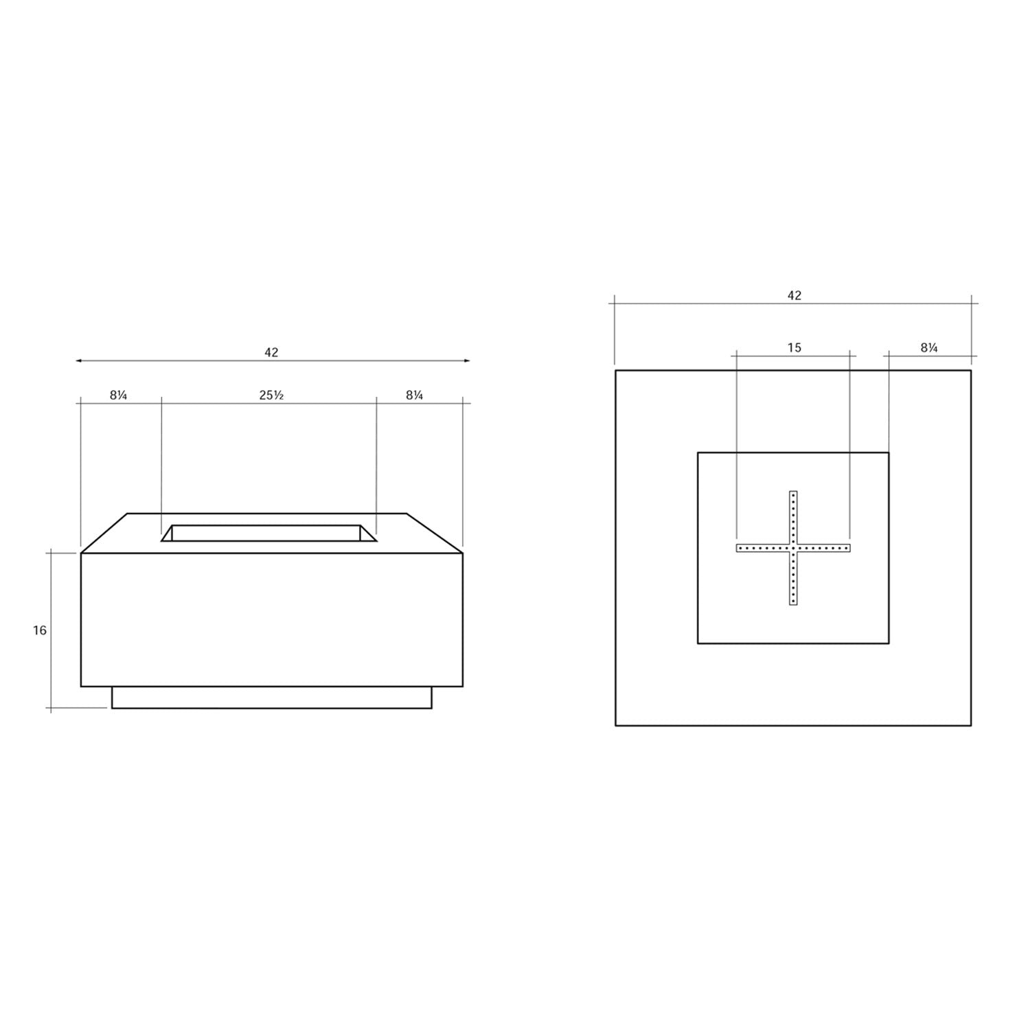 Technical diagram of square concrete gas fire pit dimensions with burner cutout