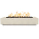 Rectangular concrete gas fire pit with burning flames in pale concrete enclosure