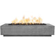 Rectangular concrete gas fire pit with burning flames in dark gray enclosure