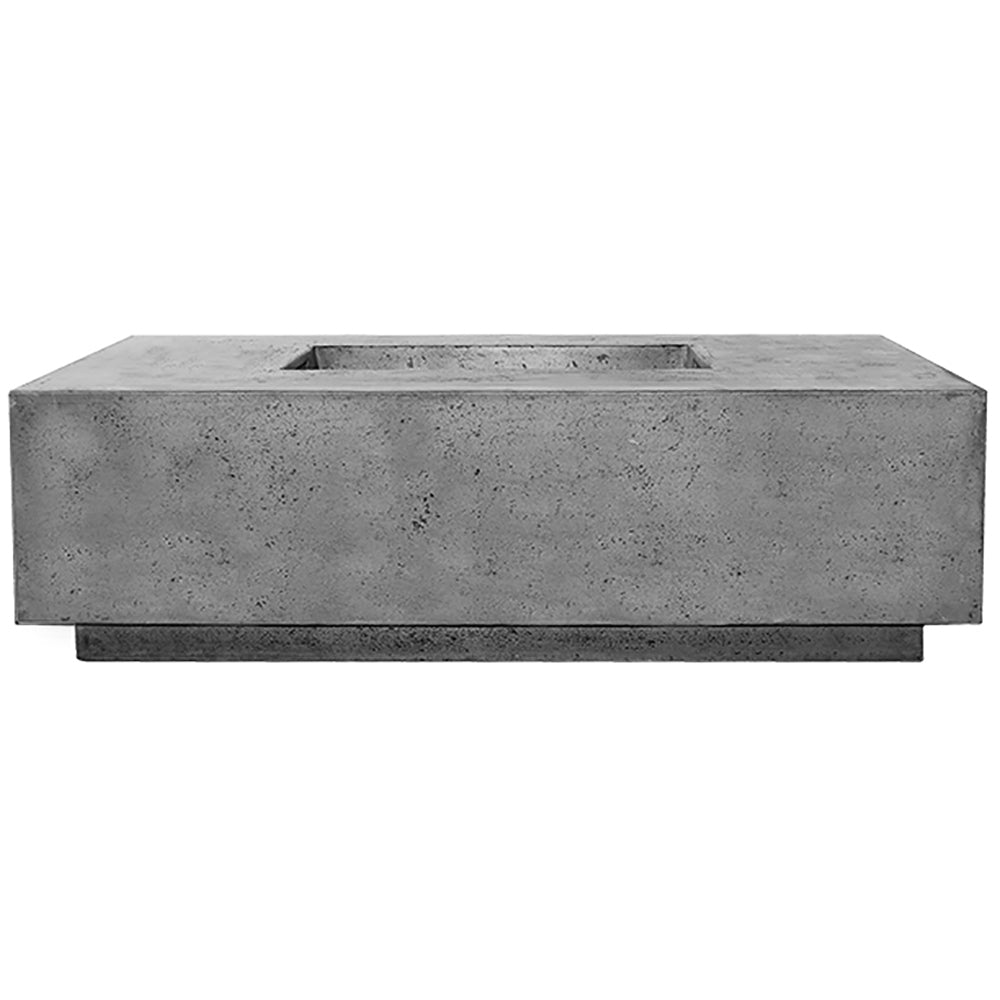 Concrete gas fire pit, rectangular gray stone-look body with central burner opening
