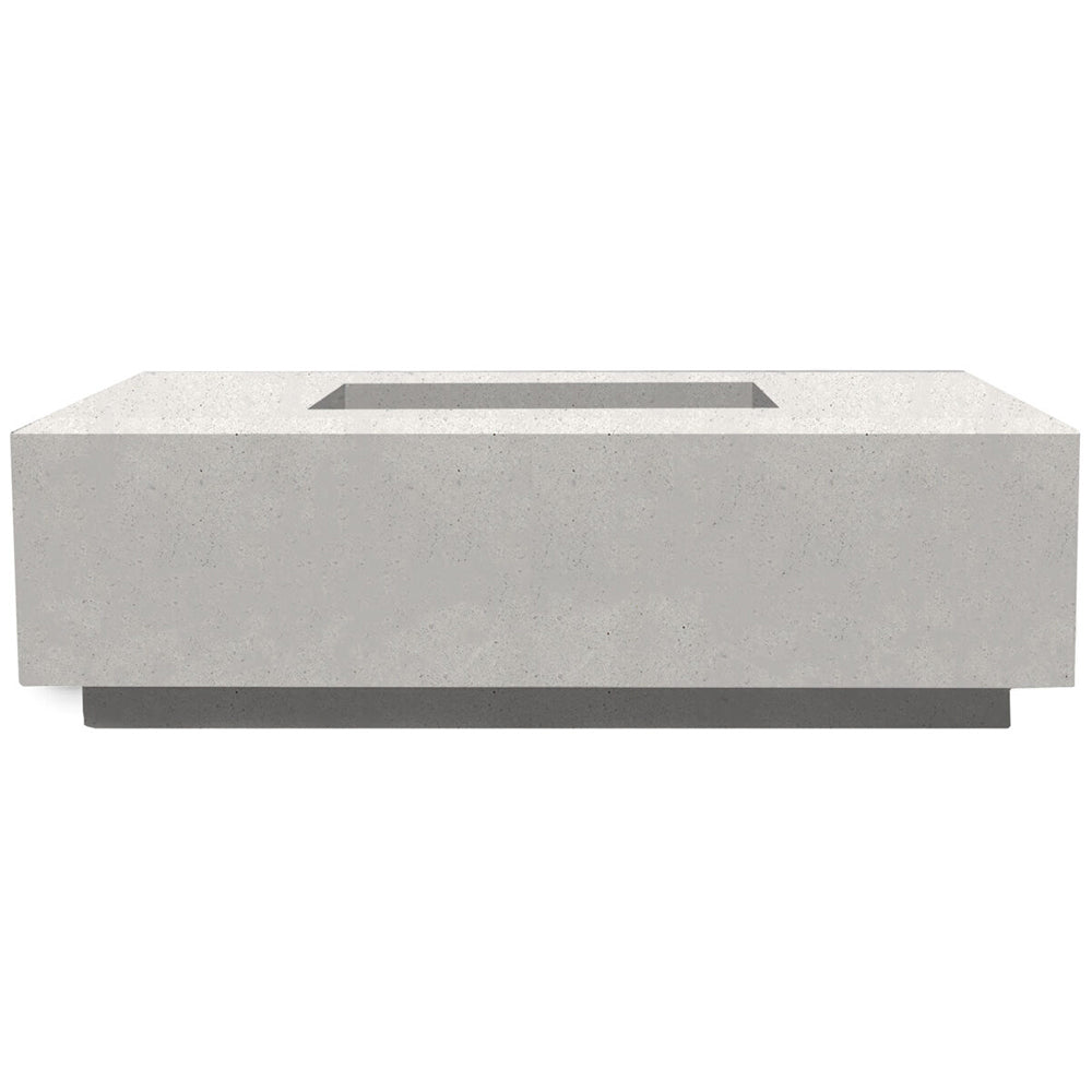 Concrete gas fire pit, rectangular light gray stone-look body with center burner opening