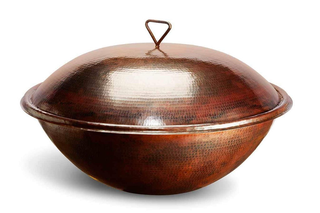 Hammered copper round fire bowl lid with center handle loop