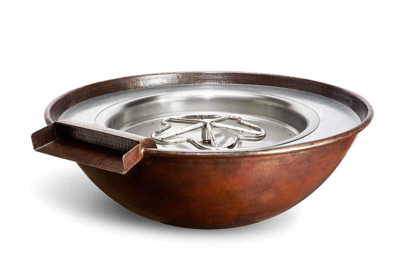 Hammered copper round fire and water bowl with circular burner and control lid