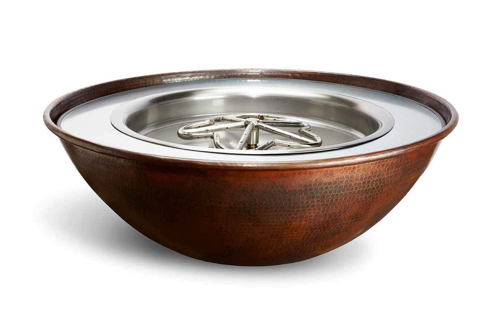 Hammered copper round gas fire bowl with built-in burner top
