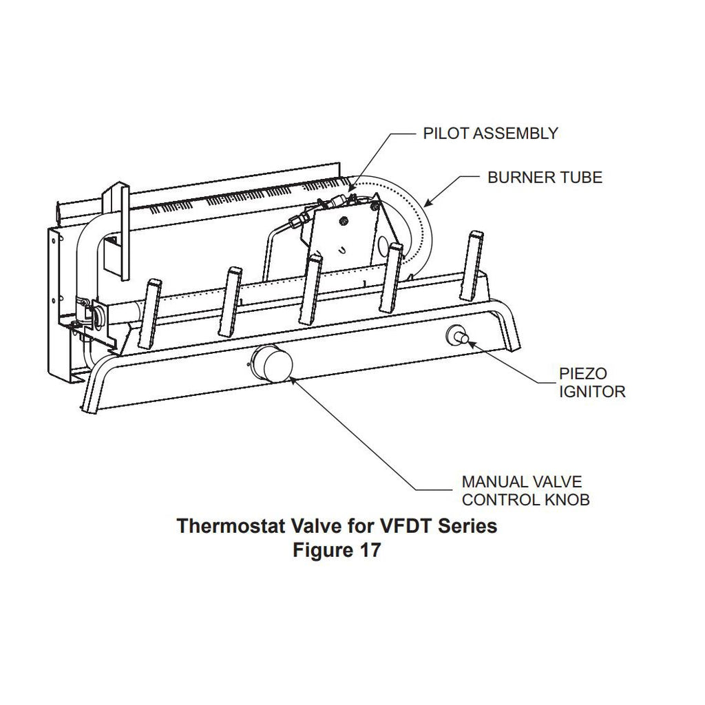 Gas log burner assembly diagram with pilot, burner tube, and manual valve control