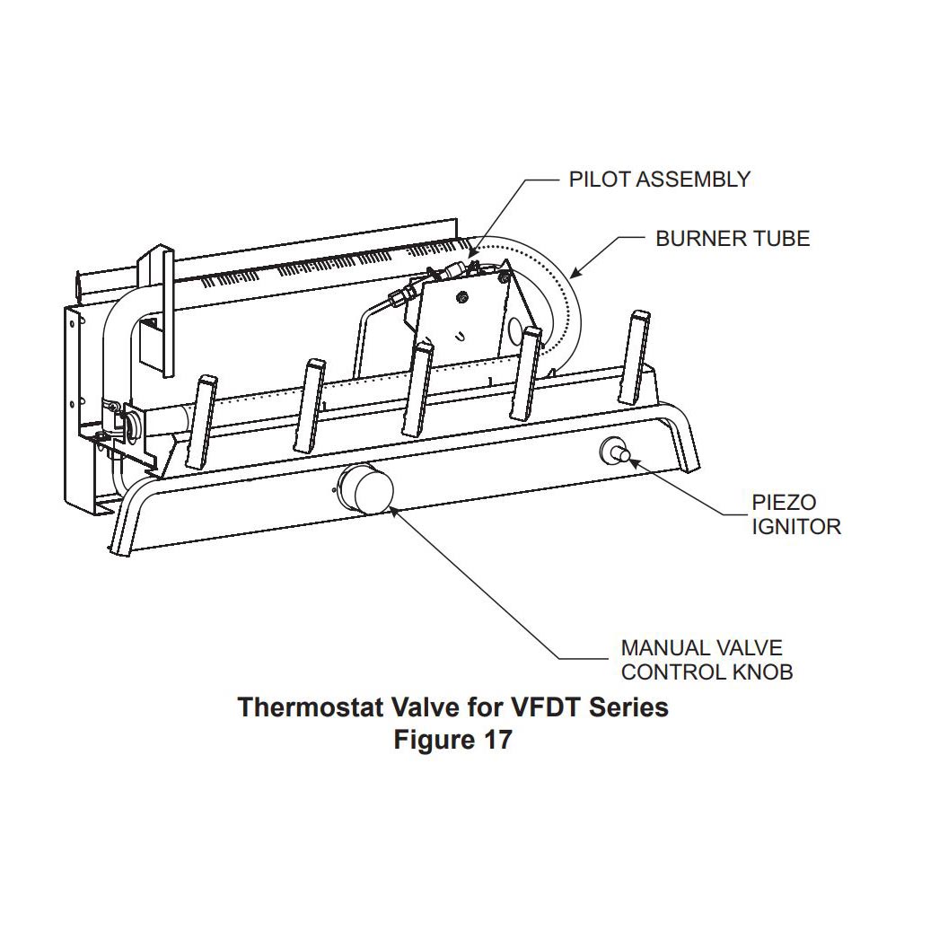 Gas log burner assembly diagram with pilot, burner tube, and manual valve control
