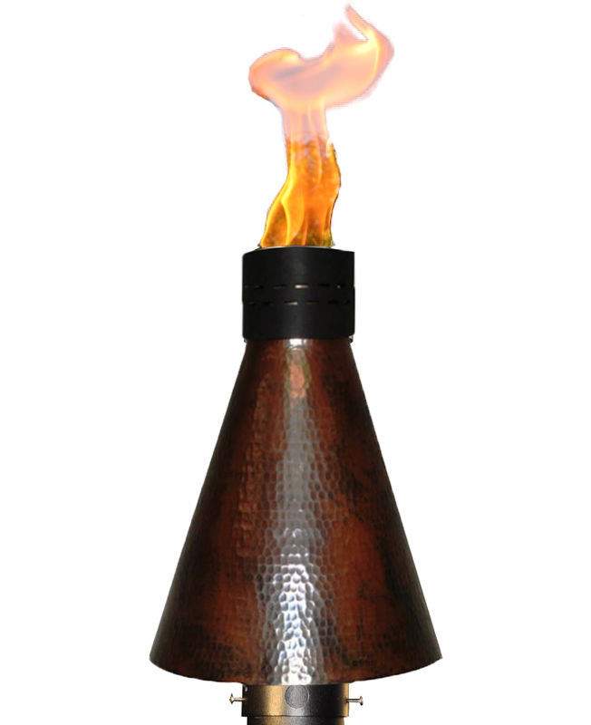 Hammered copper torch head with lit flame and black collar