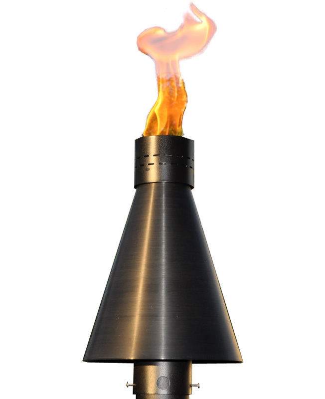 Black aluminum torch head with bright orange flame and burner base on post