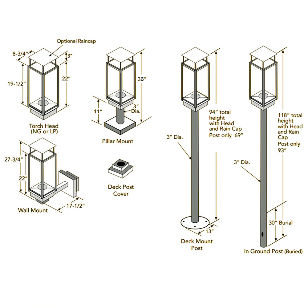Gas torch head with in-ground and deck mount diagrams, labeled dimensions
