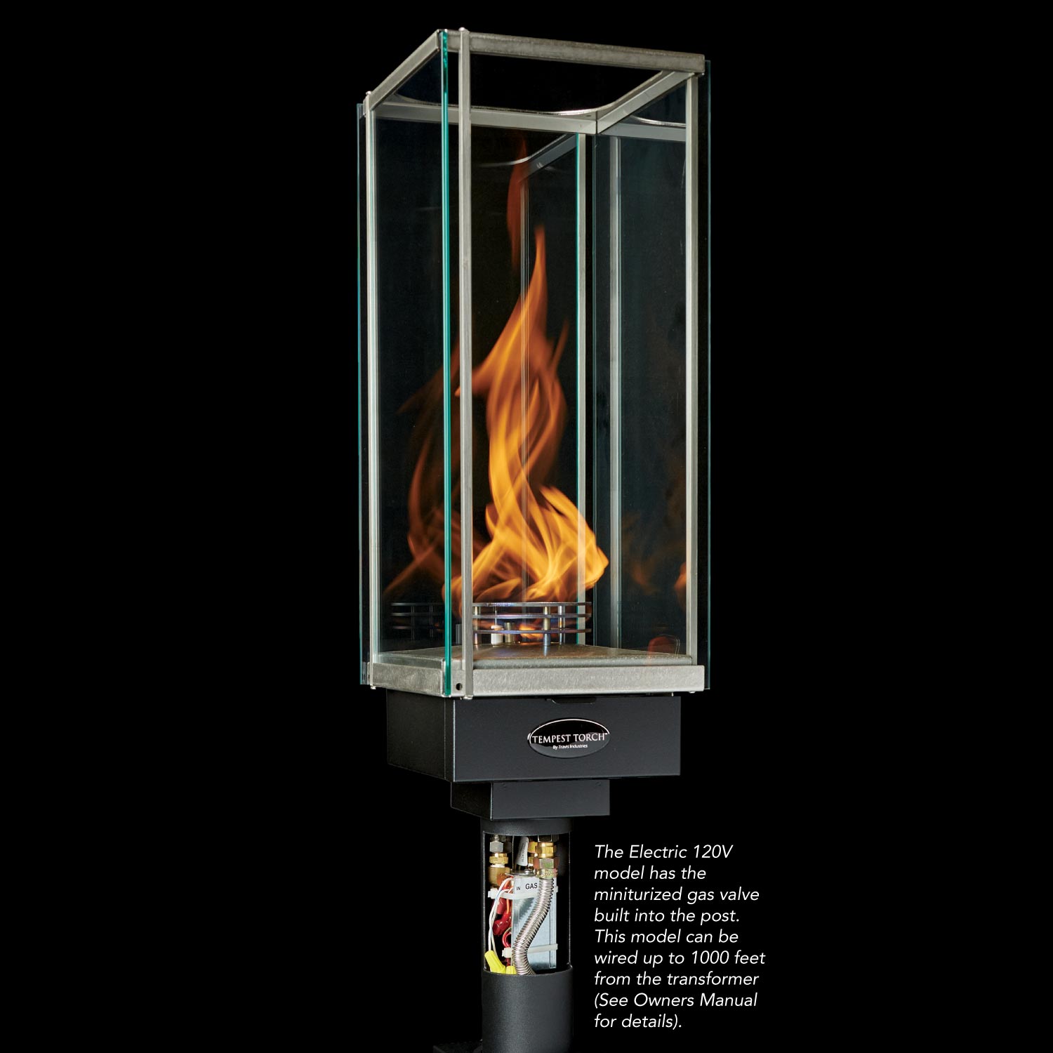 Outdoor gas torch head with clear glass enclosure and flame, dark metal burner housing