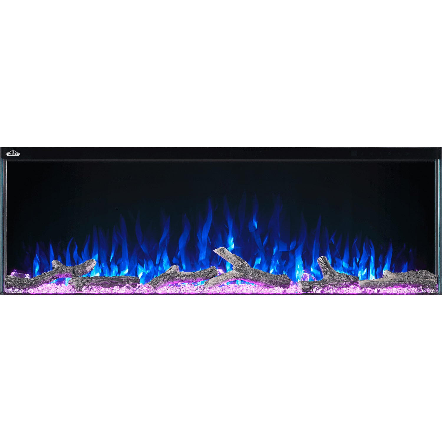 Electric fireplace insert with blue flame display behind dark glass panel