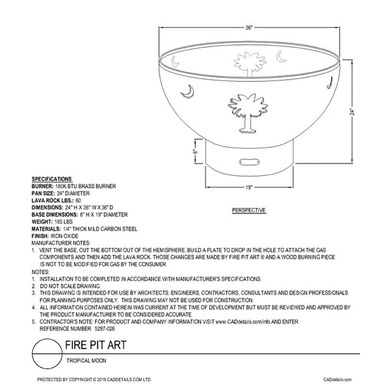 Gas fire pit technical diagram showing dimensions and Tropical Moon artwork layout