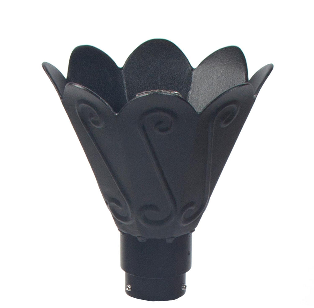 Dark tulip gas torch head with petal guard and base mount.