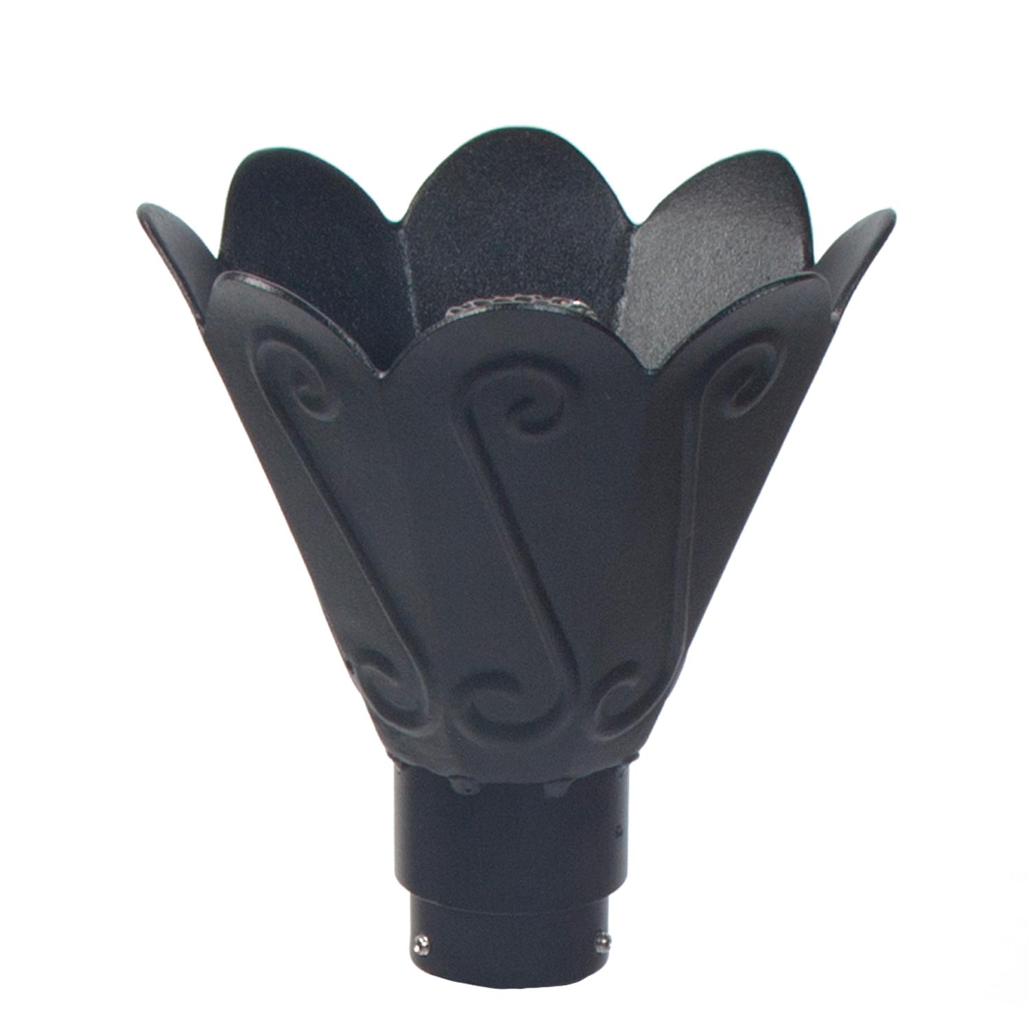 Dark tulip gas torch head with petal guard and base mount.