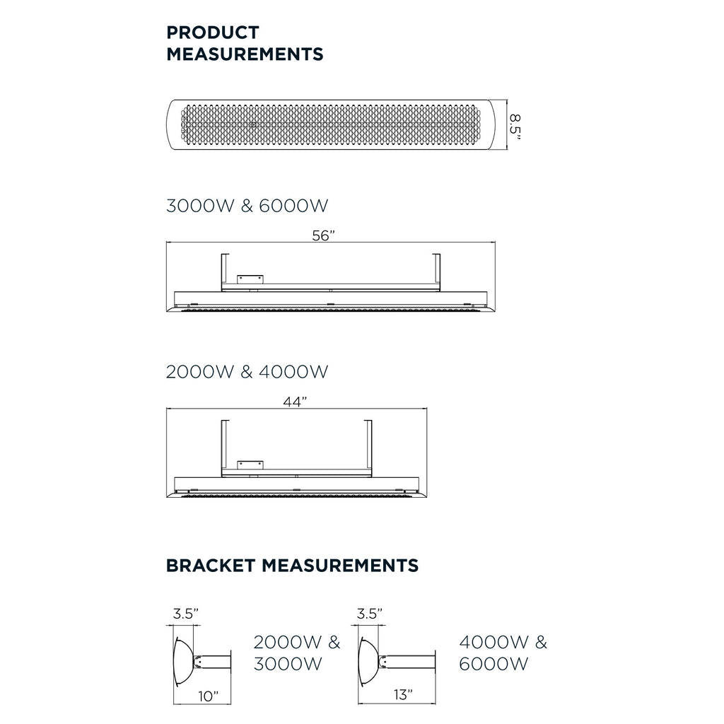 Electric patio heater measurement diagram for 3000W and bracket sizes