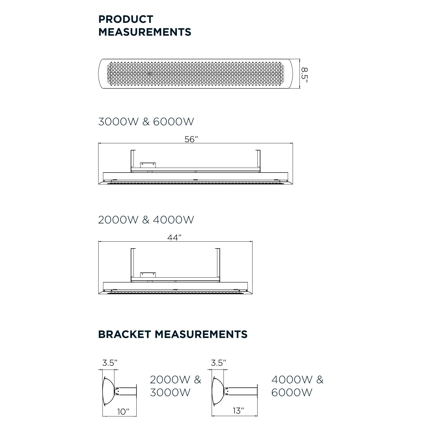 Product and bracket measurement diagram for 2000/3000/4000W electric heater
