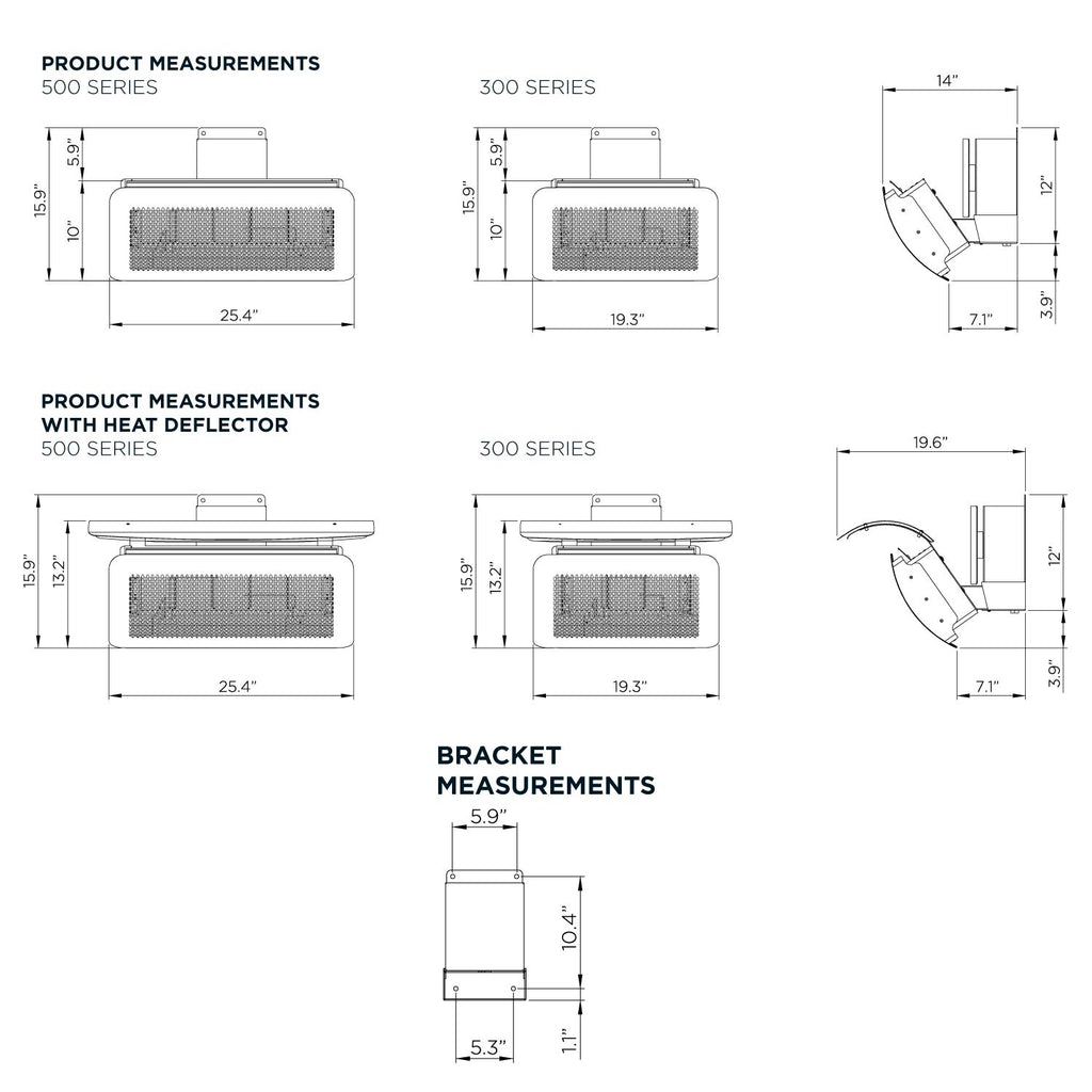 Radiant heater product measurements diagram with bracket and installation dimensions