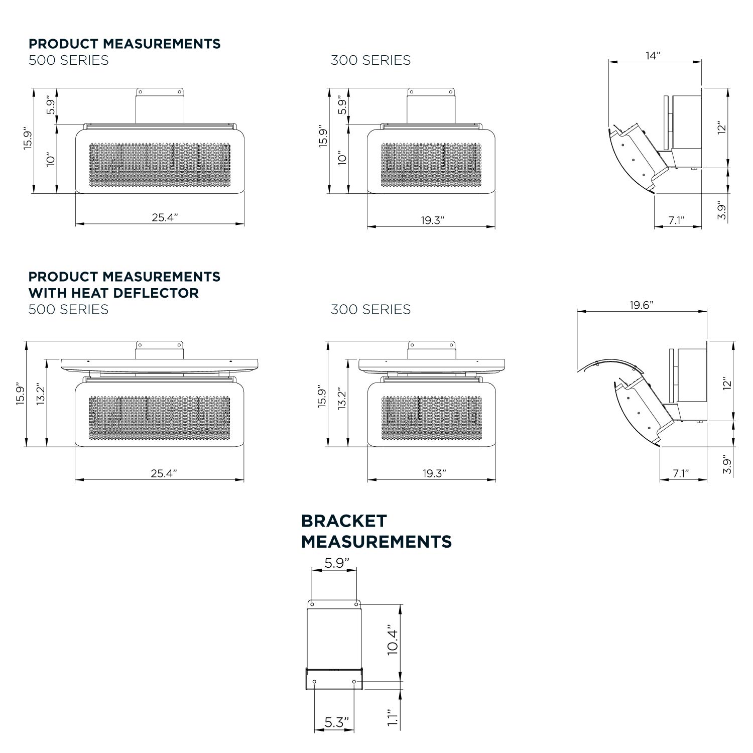 Radiant heater product measurements diagram with bracket and installation dimensions