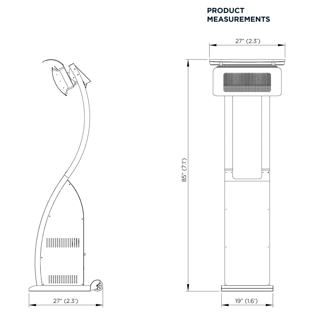Tungsten portable radiant heater product measurements diagram with dimensions
