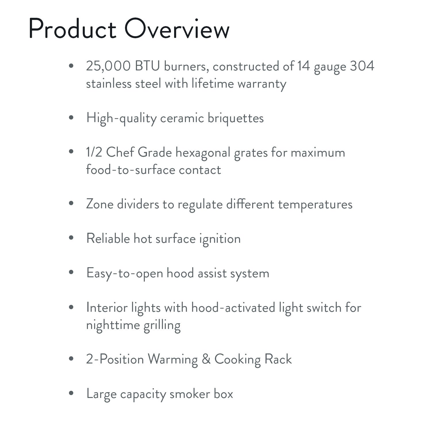 Product overview graphic listing burners, ceramic briquettes, heat zones, and racks
