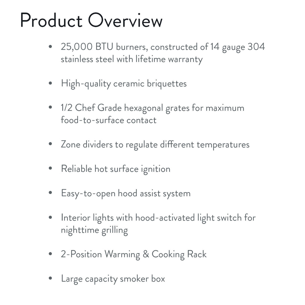 Gas grill product overview list with burn ratings, grates, ignition, and warming rack features