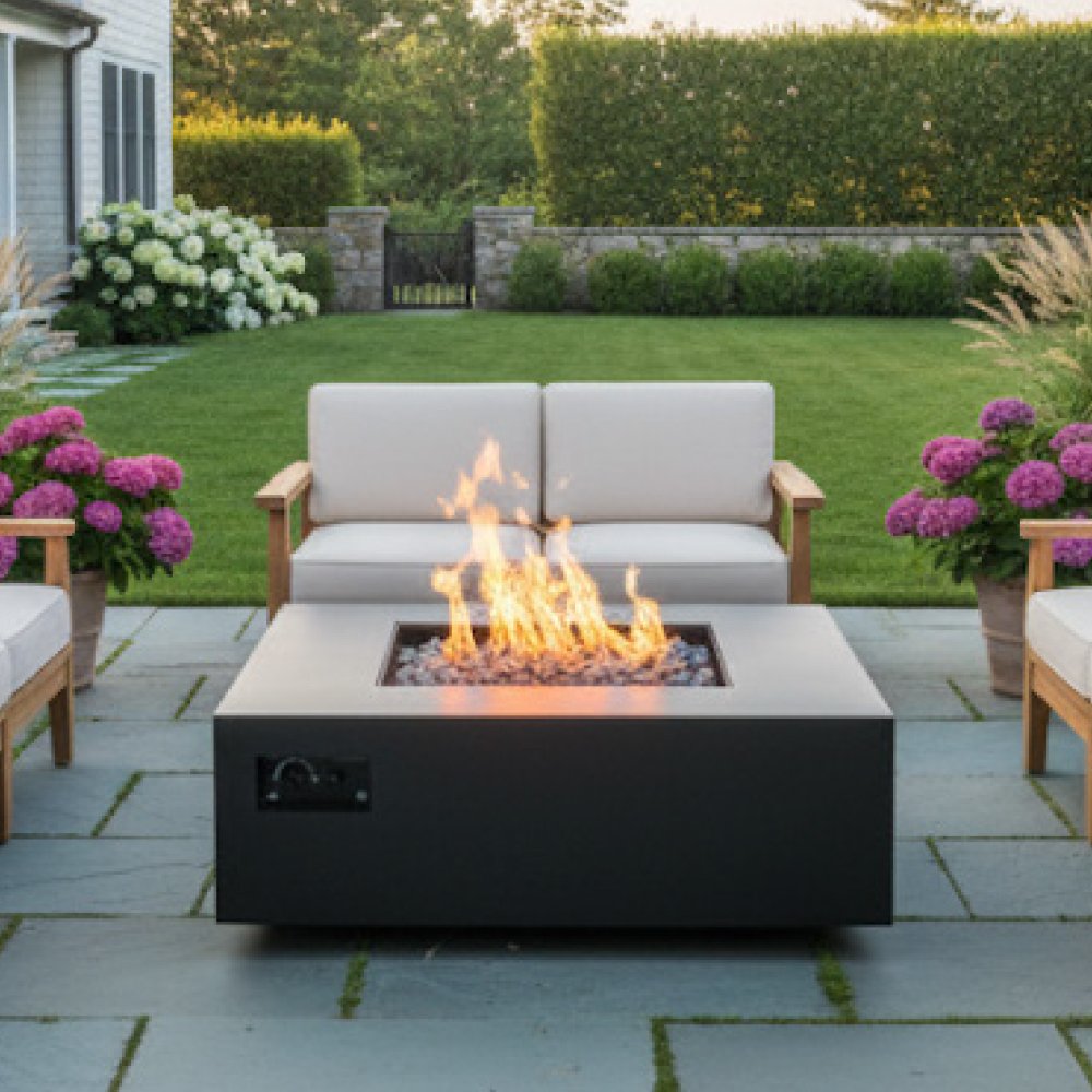 Outdoor gas fire pit with visible burner flames