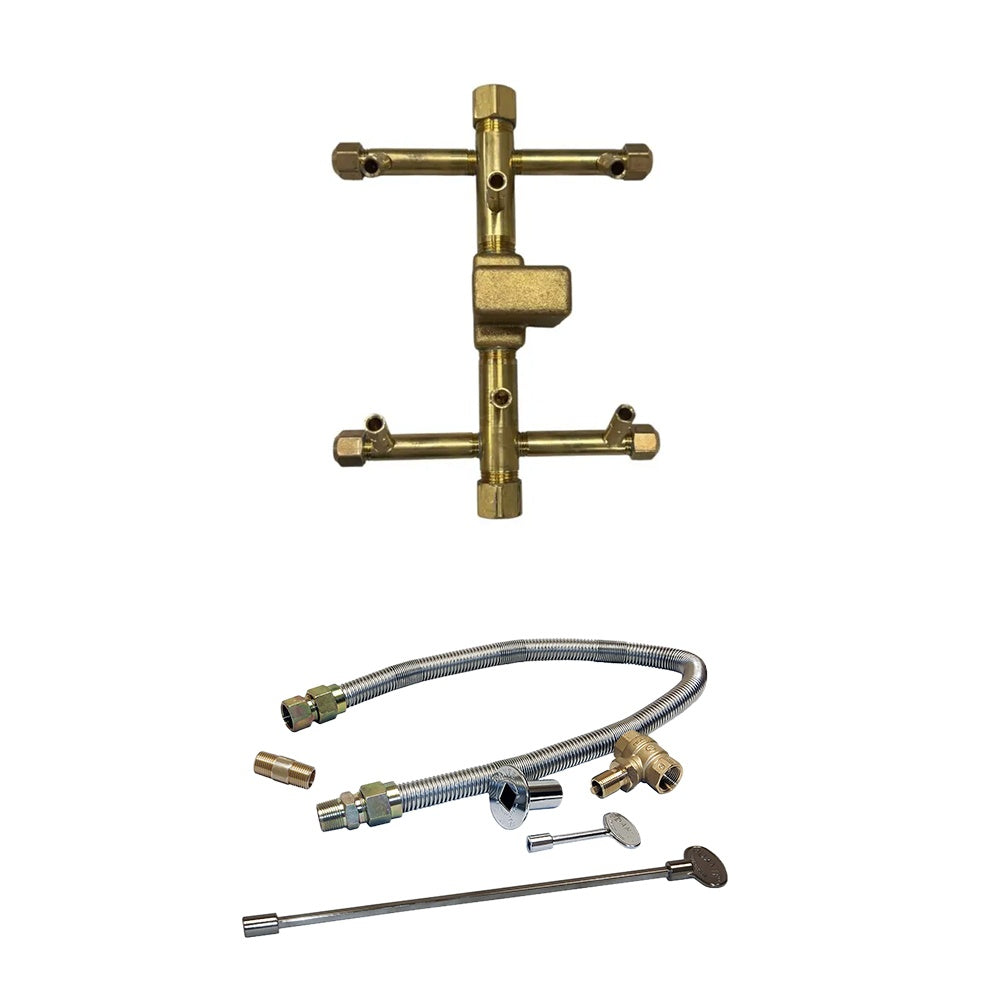 Match-lit burner kit with brass manifold, flexible gas hose, and rod igniter