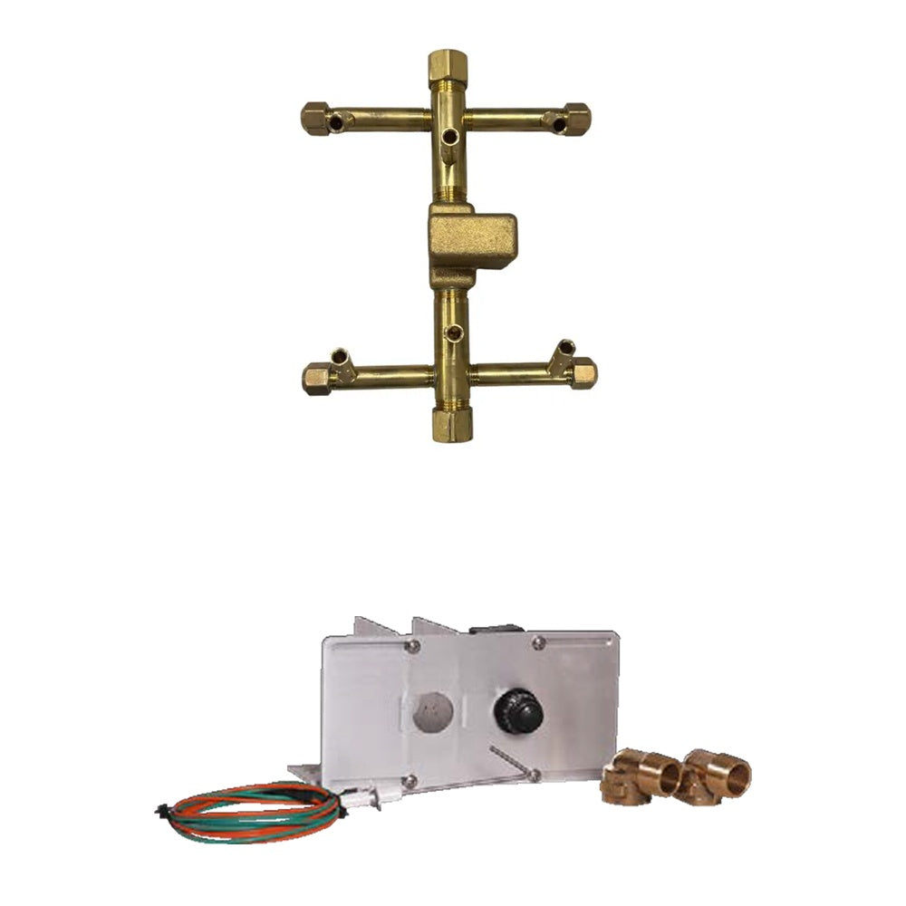Brass ignition manifold with push-button control box, wires, and brass connectors