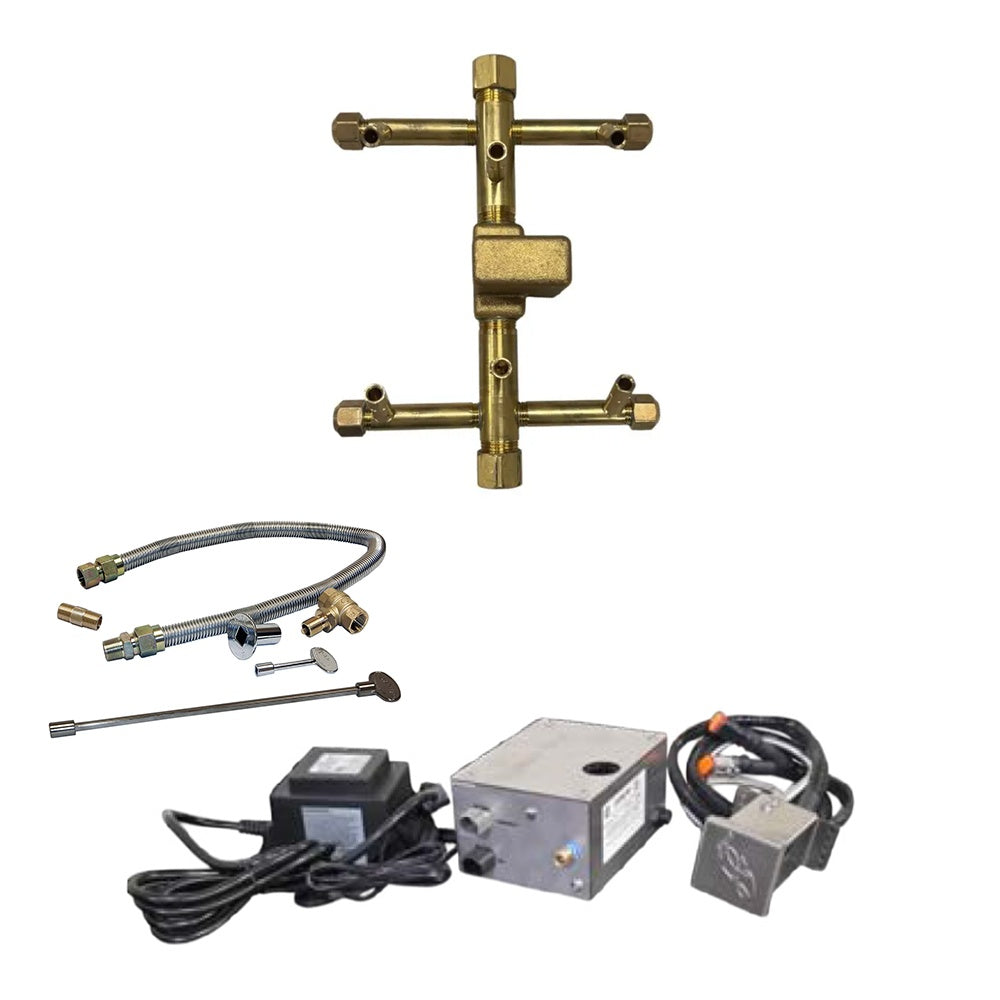 Electronic ignition burner kit set with brass manifold, flex hoses, and two ignition control boxes