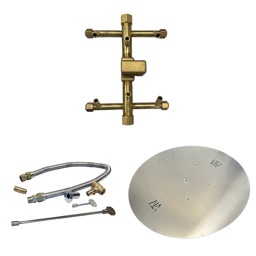 Match-lit burner kit with brass manifold, hoses, and circular burner plate
