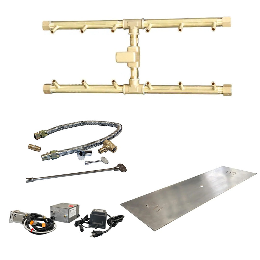 Electronic ignition burner kit with brass manifold, flex gas lines, and fittings