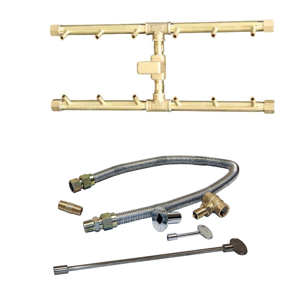 H-style crossfire burner manifold with brass tubing, braided hoses, and control parts