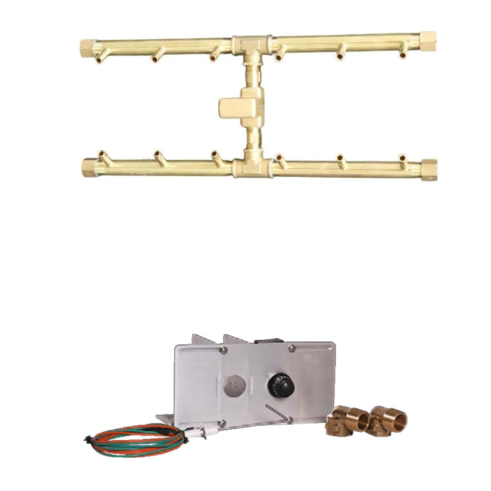 Burner kit control box with brass manifold assembly, ignition wiring, and gas valves