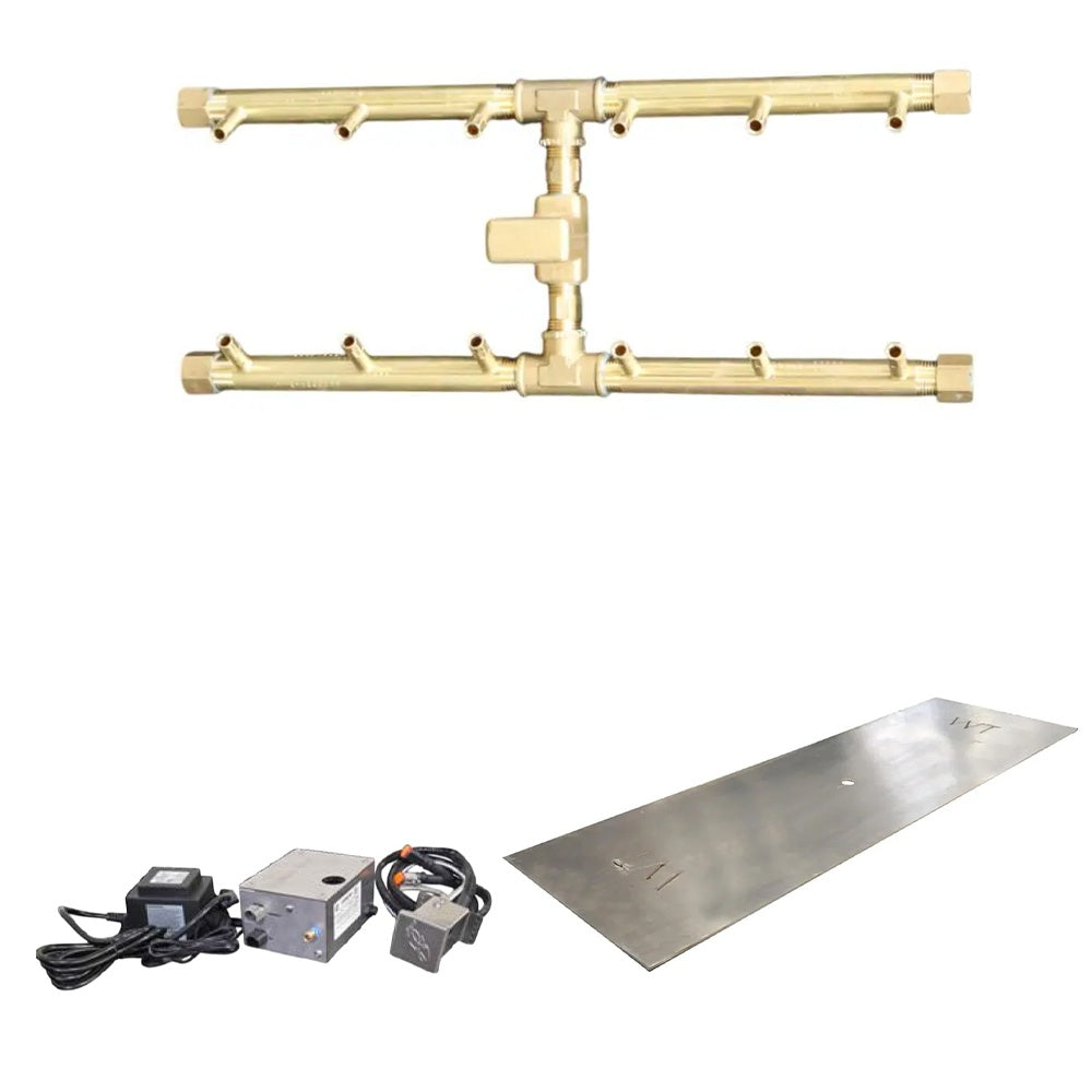 H-style electronic ignition burner kit with brass manifold, control modules, and metal plate