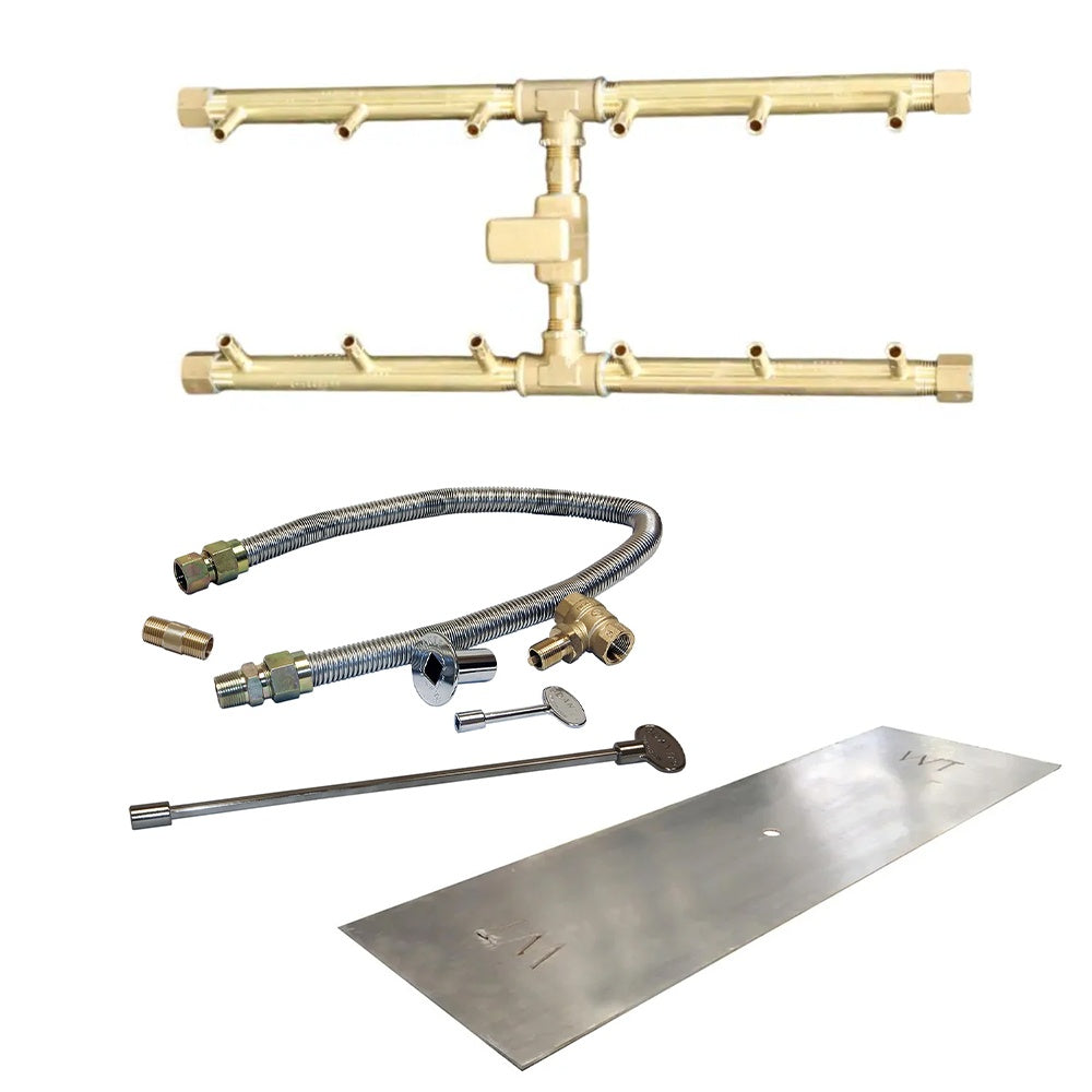 Crossfire match-lit burner kit with brass manifold, braided hoses, and metal burner plate