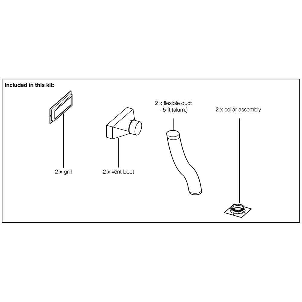 Heat management system kit diagram with vent grilles, duct, flexible hose, and collar assembly