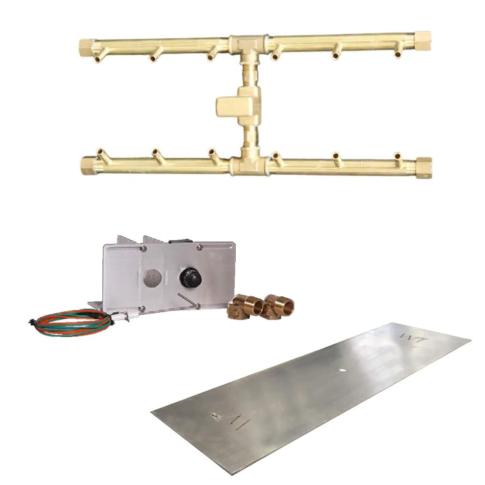 Burner kit control box with brass manifold, ignition wiring, gas valves, and burner pan