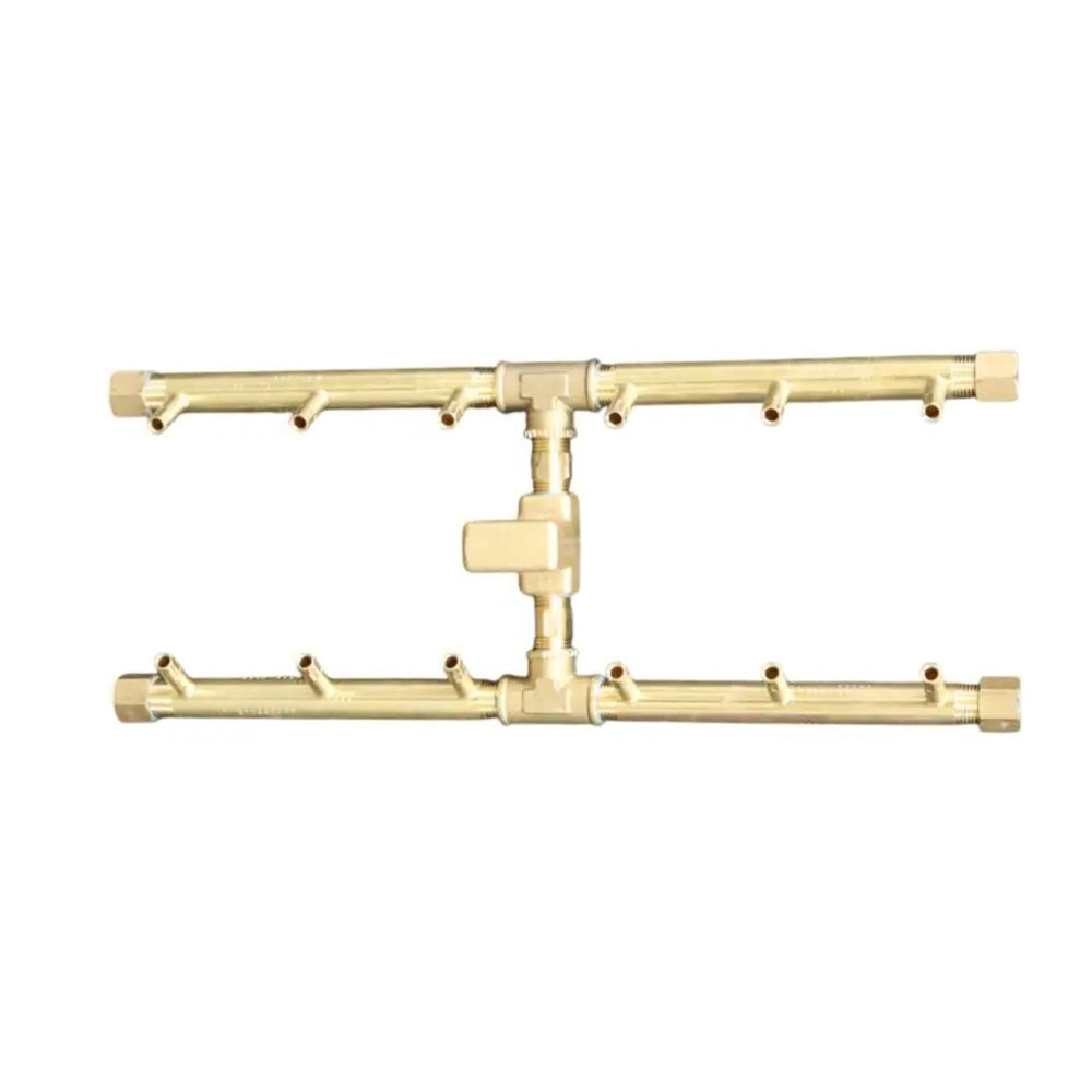 Brass H-style crossfire burner with dual rails and central gas valve fitting