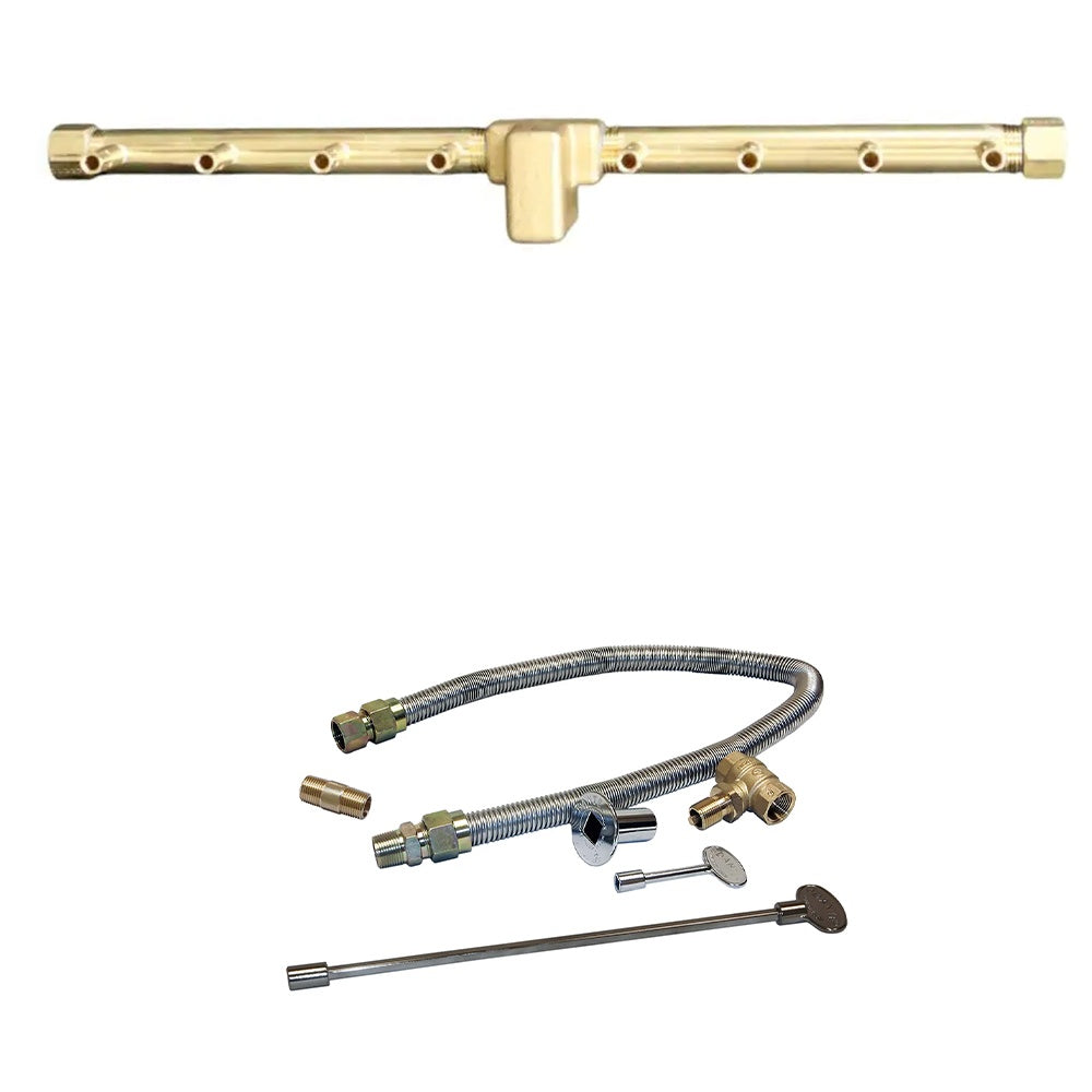 Linear gas burner tube with central connector, flexible hose, key valve, and ignition rod