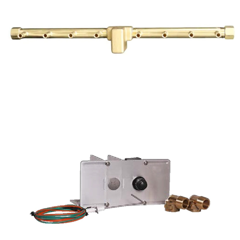 Linear brass burner assembly with ignition control box, wiring, and valve fittings