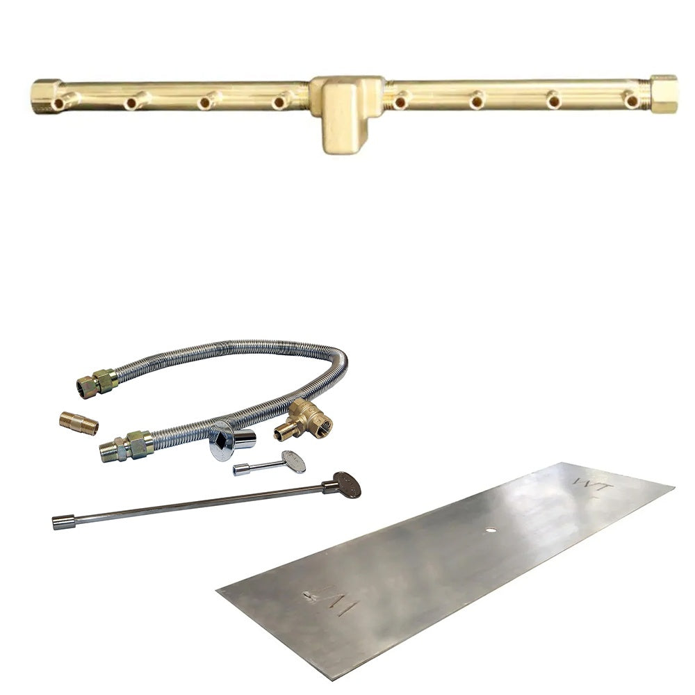 Linear gas burner kit components with brass tube, flexible hose, key valve, and fittings