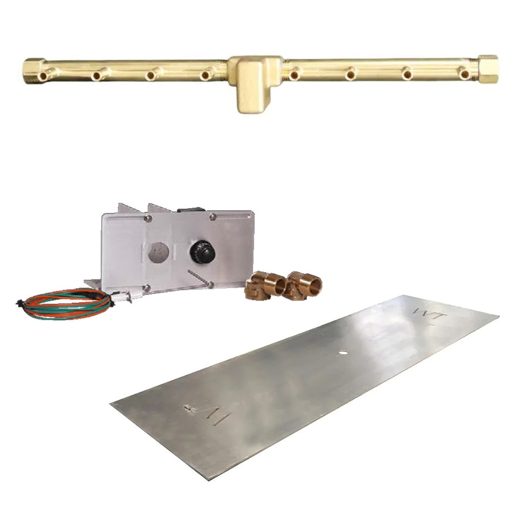 Linear brass burner tube with push-button ignition control box and valve fittings