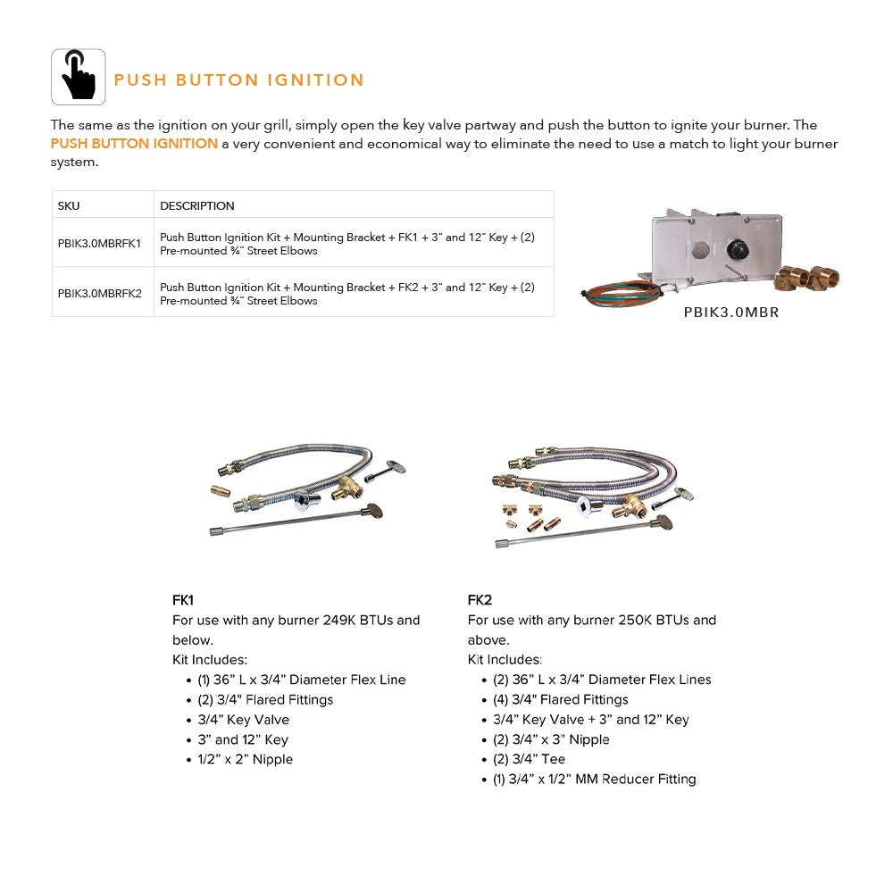 Push button ignition kit parts, including burner components and wiring cables