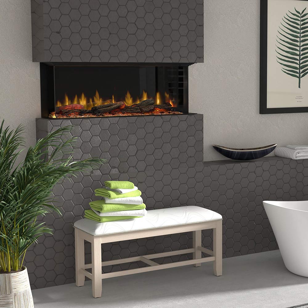 Linear electric fireplace with illuminated flame and built-in dark surround