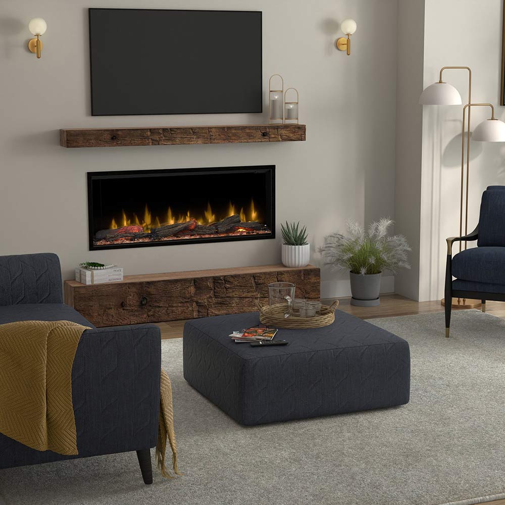 Built-in linear electric fireplace with glowing flame and dark trim