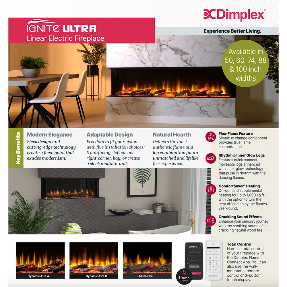 Dimplex Ignite Ultra linear electric fireplace marketing panel with flame illustration