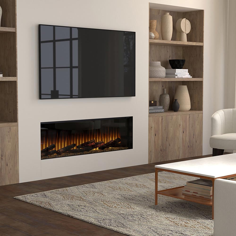 Built-in linear electric fireplace with black surround and glowing flame bed