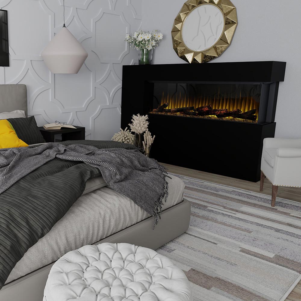 Linear electric fireplace with black frame and realistic orange flame strip